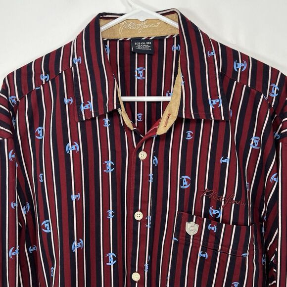 Vintage Phat Farm Button Up Shirt Mens XXL 2XL Red Striped Logo AOP French Cuff - Picture 2 of 13